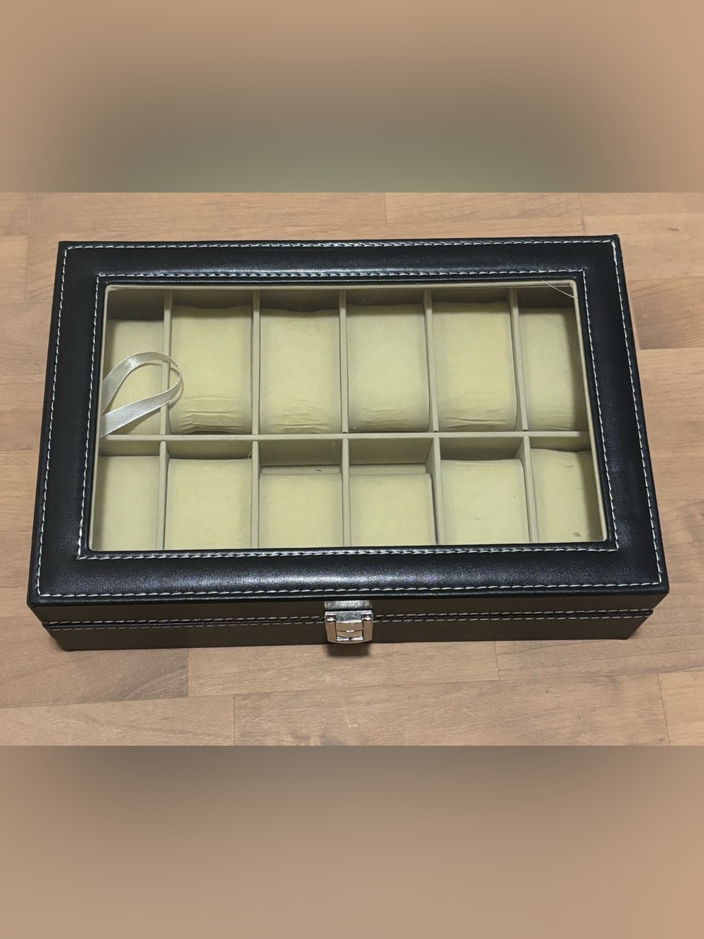 Black Leather 12 Watch / Jewelry Organizer With Clear Top & Metal Securing Latch
